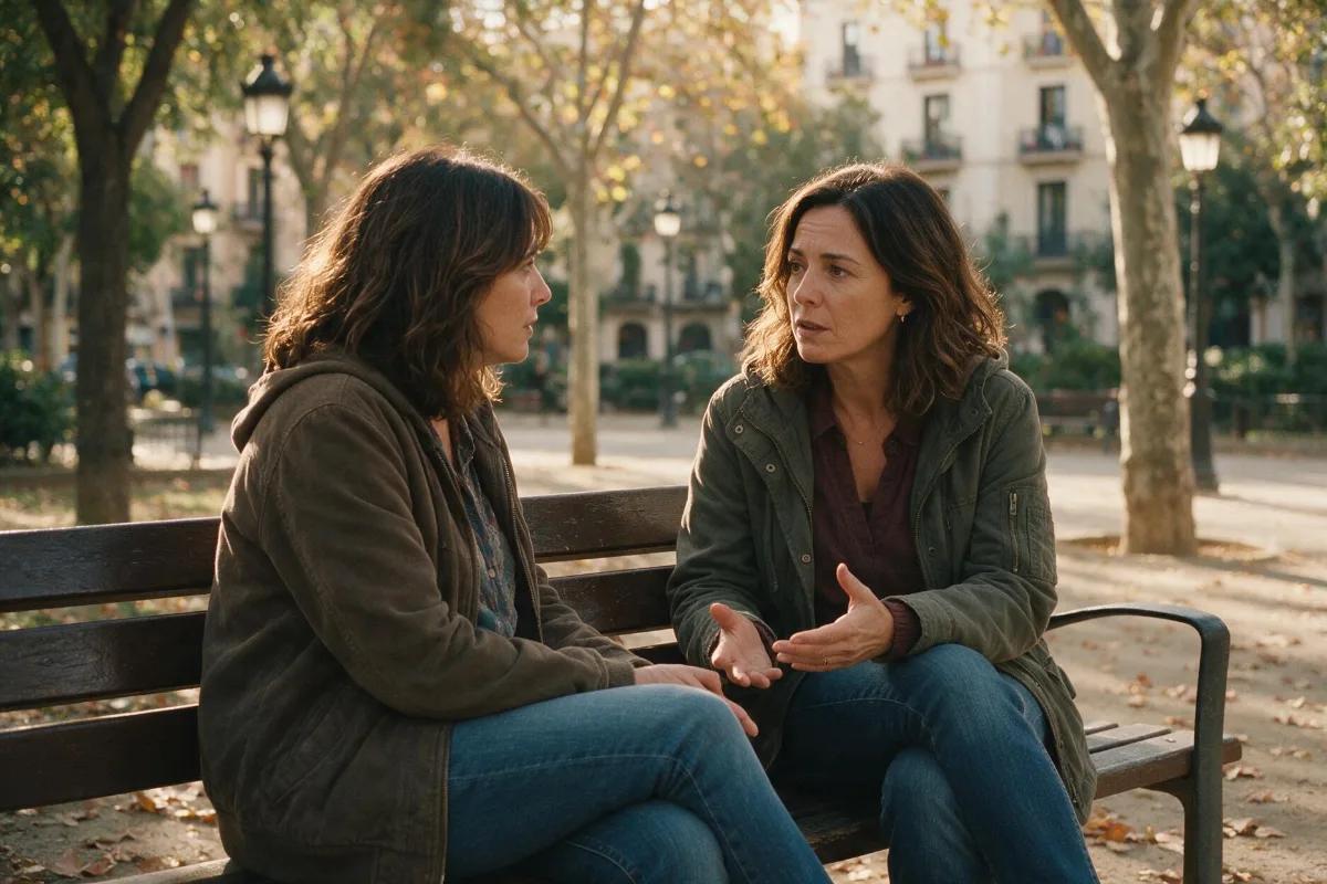 Dos mujeres hablando en un banco de un parque de Barcelona