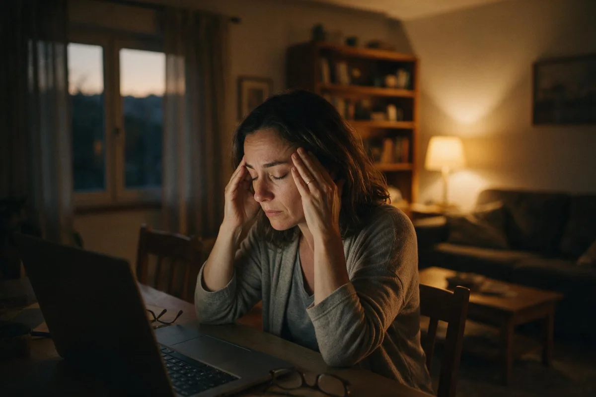 Mujer presionándose las sienes al final del día delante del portátil