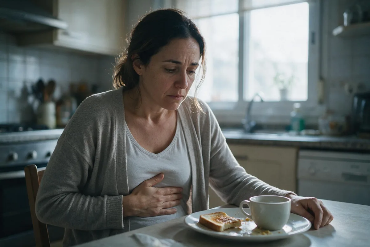 Mujer con el desayuno sin tocar y la mano en la boca del estómago