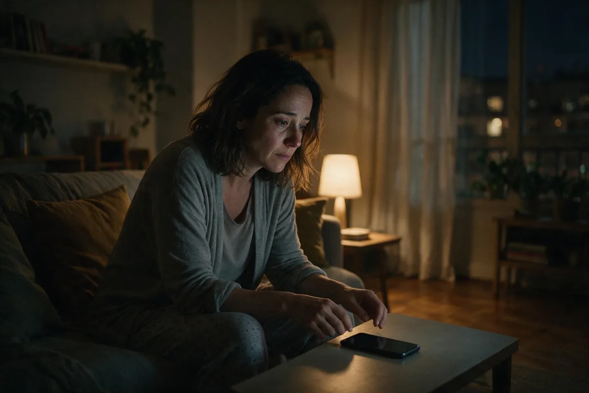 Mujer mirando el móvil por la noche, dependencia emocional