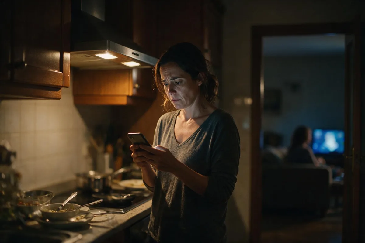 Mujer comprobando mensajes en casa con su pareja al fondo